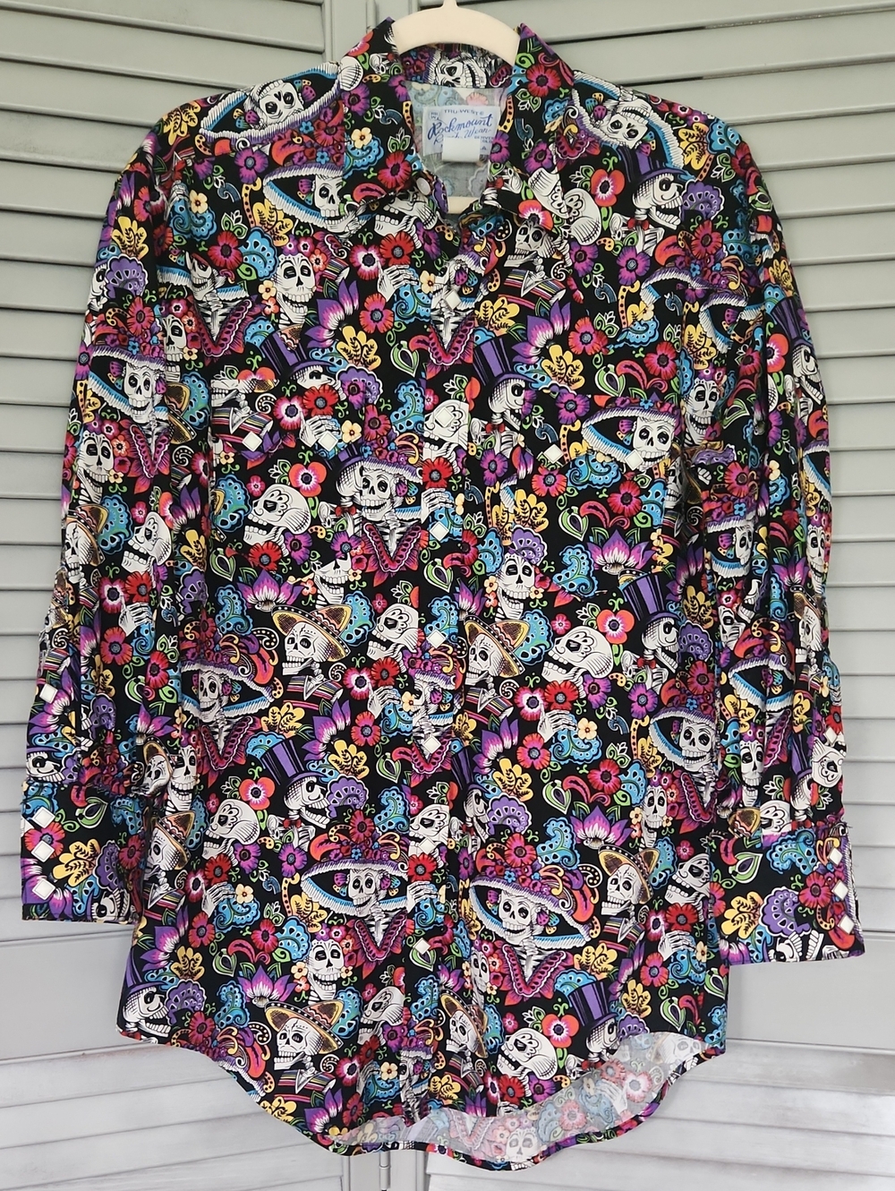 Tru-West Rockmount Vibrant Day of the Dead Skull Candy Shirt Ranch Wear EUC